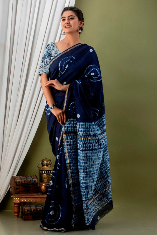 Indigo Blue Shibori Handblock Printed Chanderi Silk Saree (290NV1SACH)