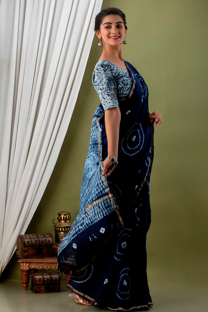 Indigo cotton lace sari with attached blouse piece by Buttoned Down | The  Secret Label