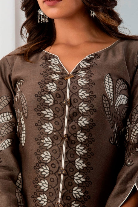 Ritzy Brown Handblock Printed Chanderi Silk Suit Set With Chanderi Dupatta (A130K3BWN)