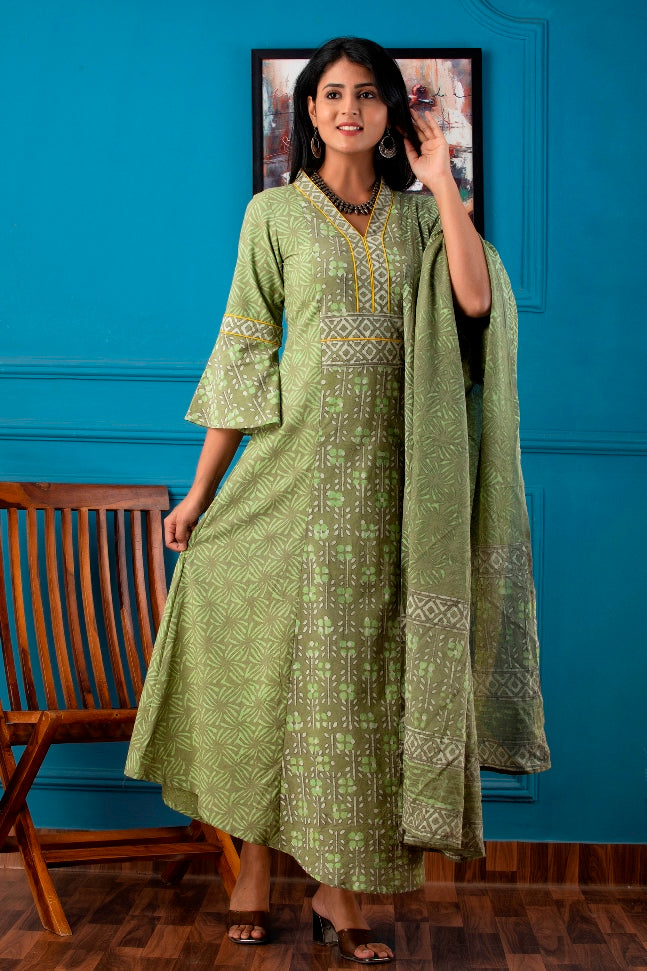 Pastel Green Handblock Printed Cotton Dress With Mulmul Dupatta (A132K2GRN)