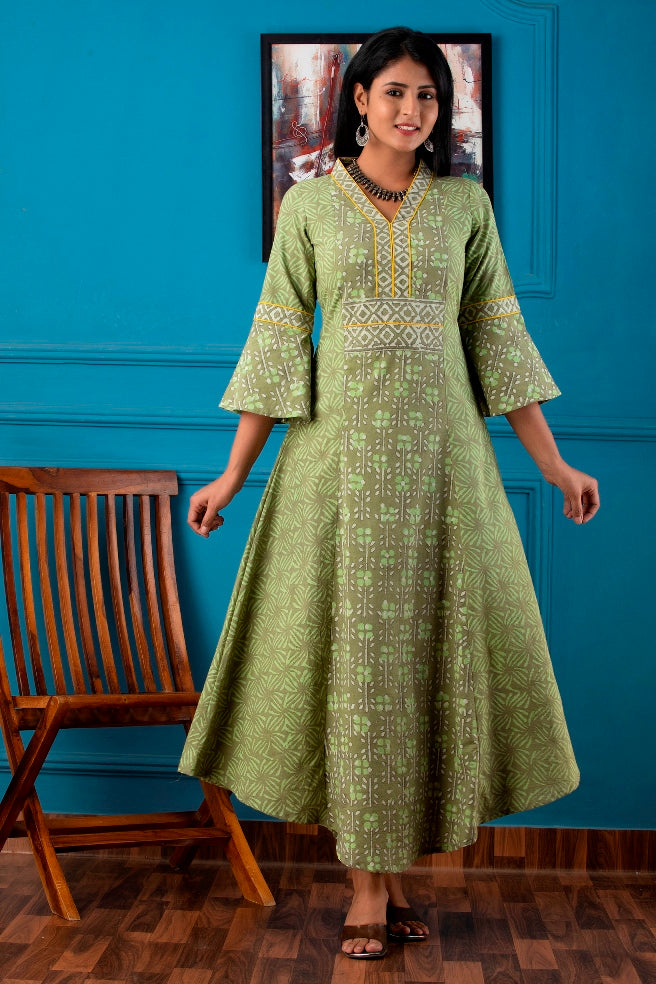 Pastel Green Handblock Printed Cotton Dress With Mulmul Dupatta (A132K2GRN)