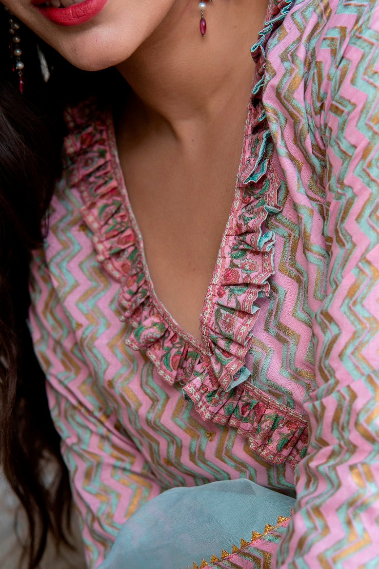 Turquoise Pink Premium Cotton Gold Foil Printed Anarkali Dress With Organza Dupatta (A115K2TRQ)