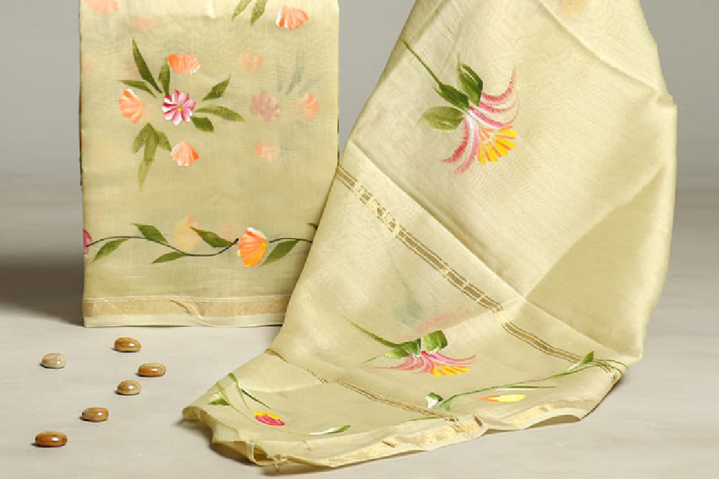 Blooming Beige Hand Painted Chanderi Silk Unstitched Suit Set (302MH3CHCH)