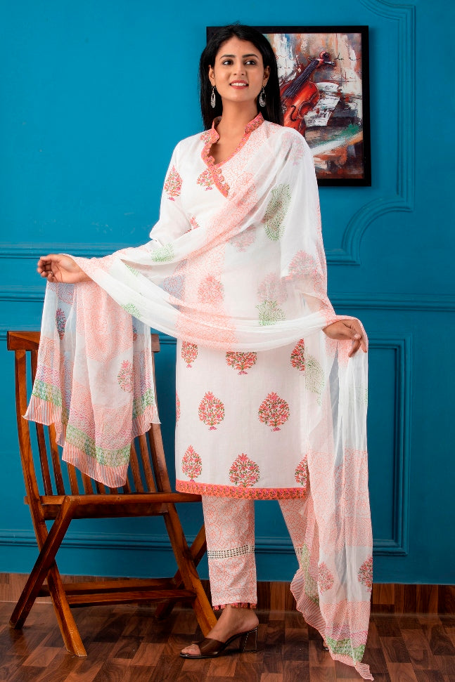 Wondorous White And Pink Handblock Printed Cotton Suit Set With Chiffon Dupatta (A127K3WHT)