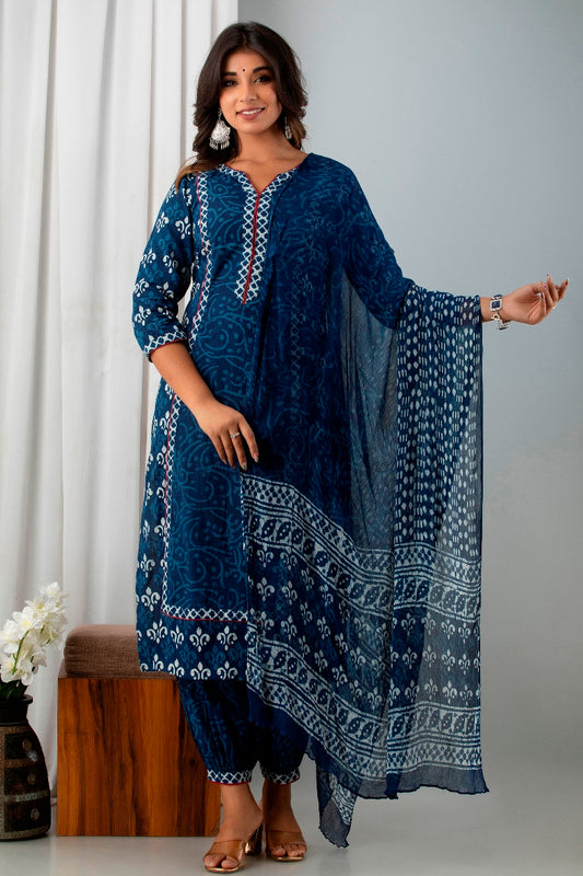 Iconic Indigo Blue Handblock Printed Cotton Suit Set With Chiffon Dupatta (A128K3BLU)