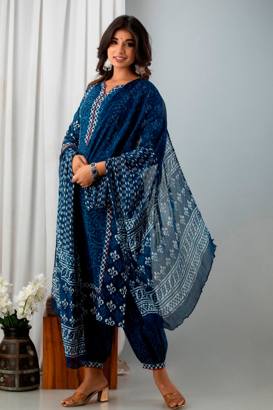 Iconic Indigo Blue Handblock Printed Cotton Suit Set With Chiffon Dupatta (A128K3BLU)