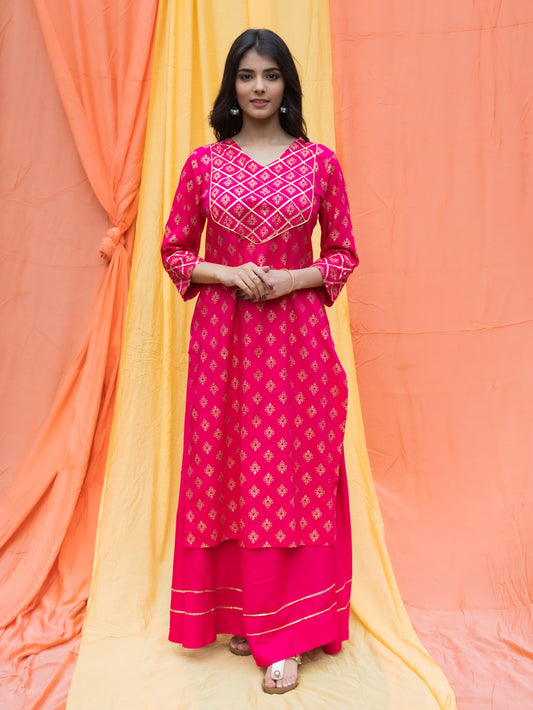 Womens Rayon Blend Buti Print Straight Kurta Skirt Set (Pink & Gold) (309VDS415RN)