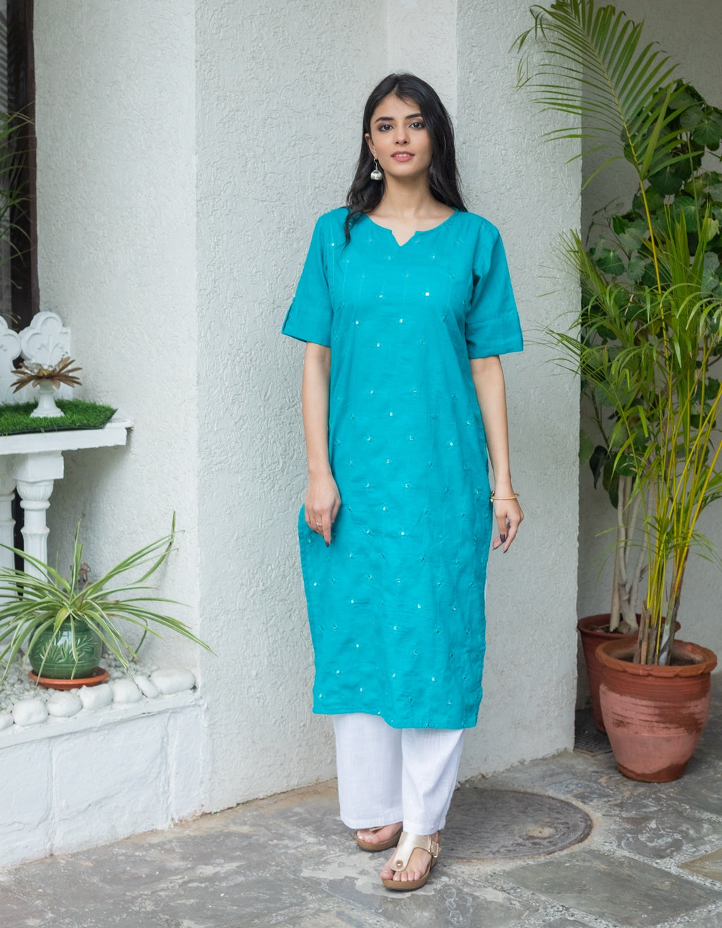 Womens Cotton Blend Solid Straight Kurta Palazzo (Turquoise) (316VDS418TL)