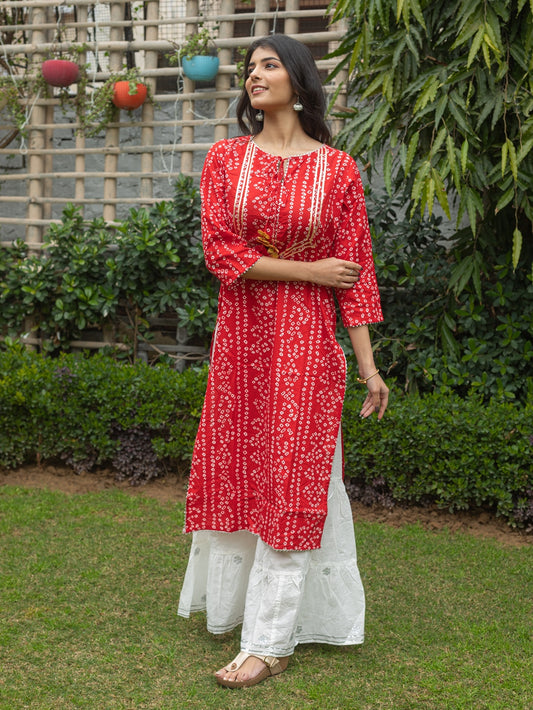 Womens Cotton Bandhej Print Straight Kurta Sharara (Red) (319VDS421RD)
