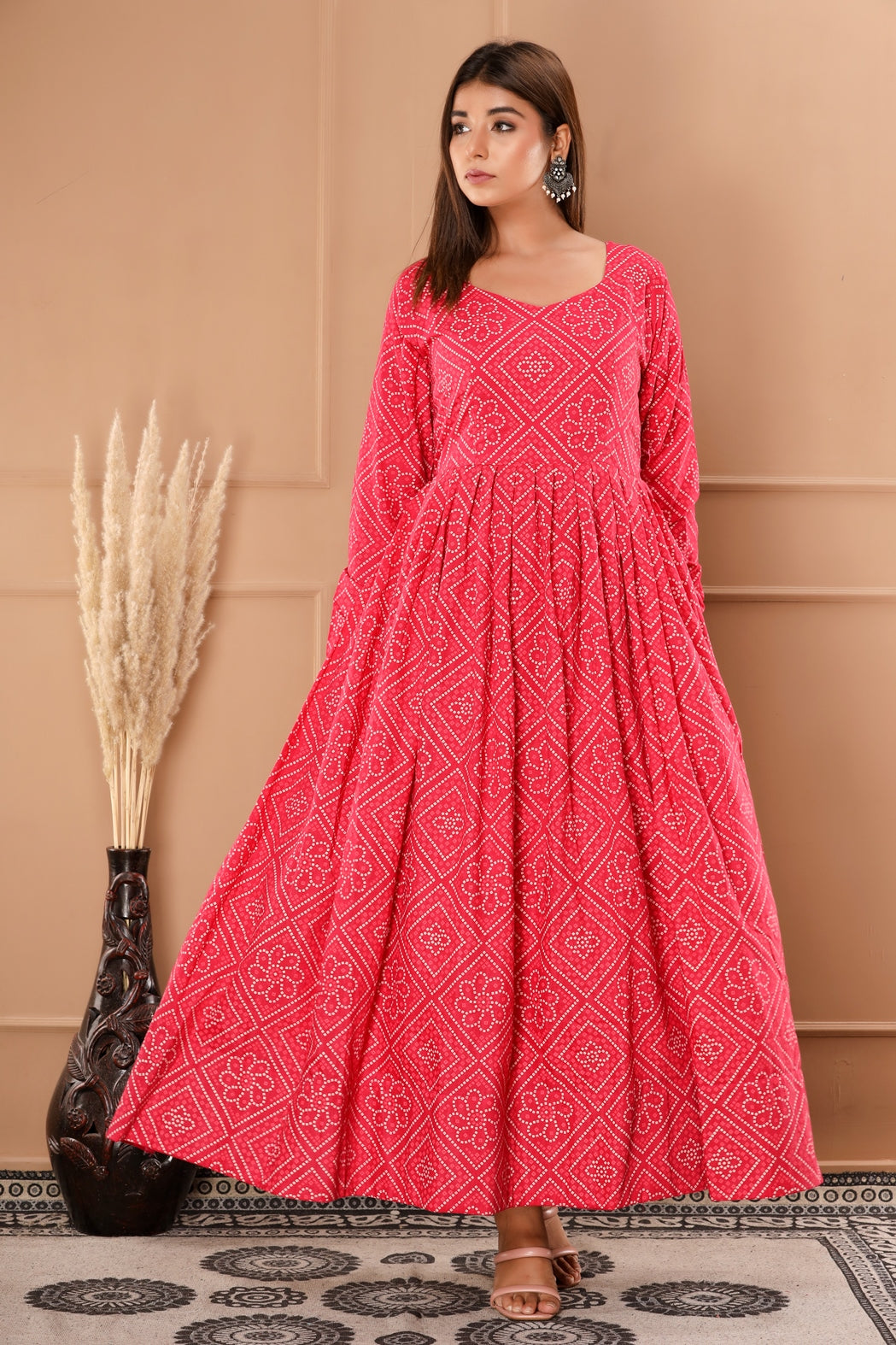 Pink Pure Muslin Bandhani and Floral Printed Anarkali Gown with Dupatta (349VDGD1001)