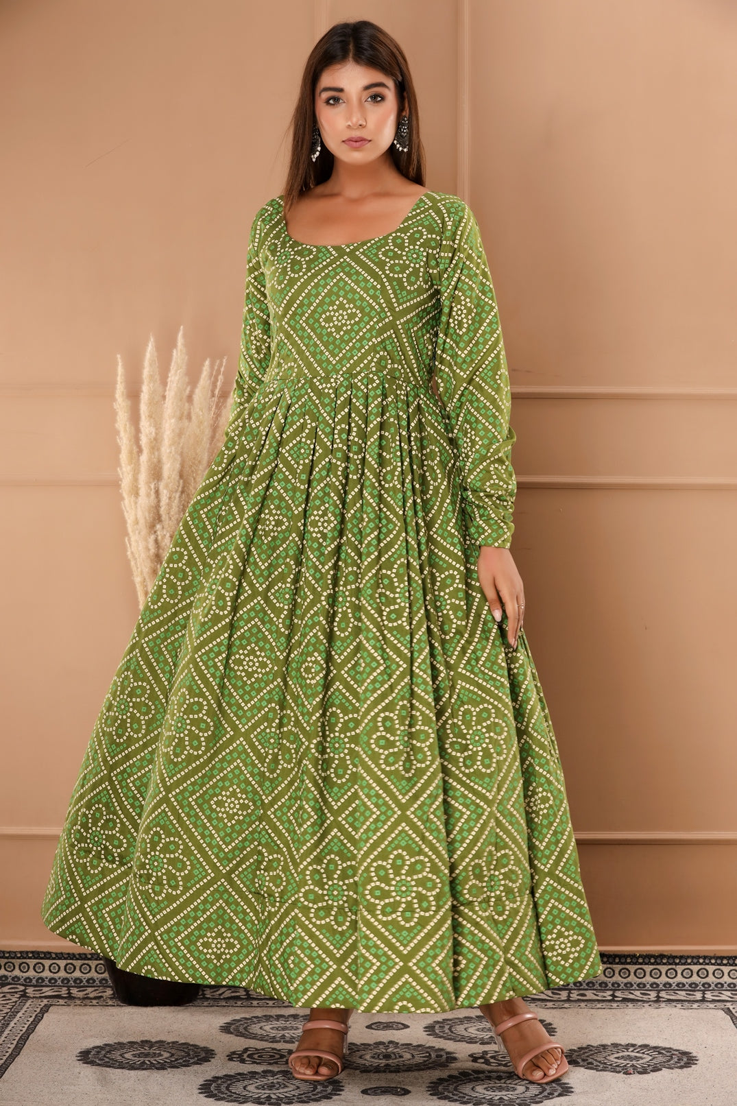 Green Pure Muslin Bandhani and Floral Printed Anarkali Gown with Dupatta (350VDGD1002)
