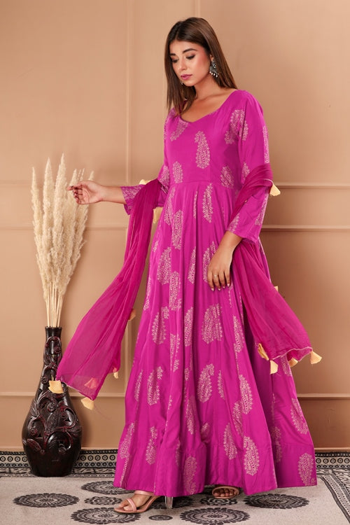 Purple Pure Rayon and Nazmeen Dupatta Gold Foil and Paisley Printed Anarkali Gown with Dupatta (351VDGD1003)