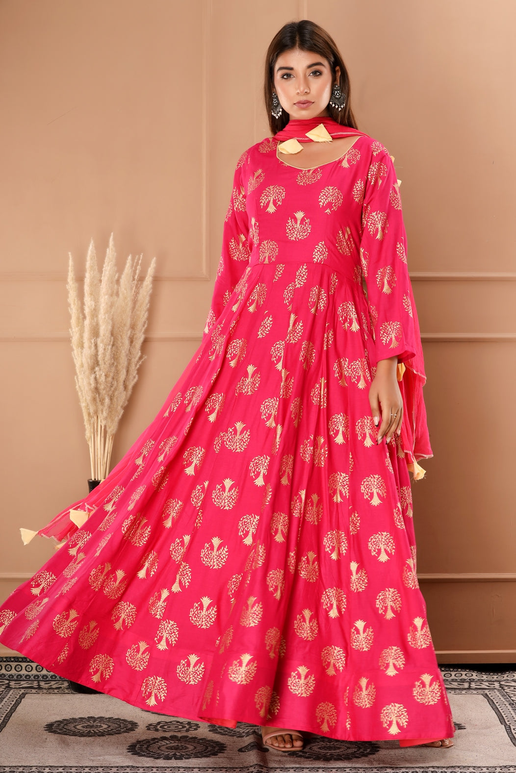 Pink Pure Rayon and Nazmeen Dupatta Gold Foil and Abstract Printed Anarkali Gown with Dupatta (352VDGD1004)