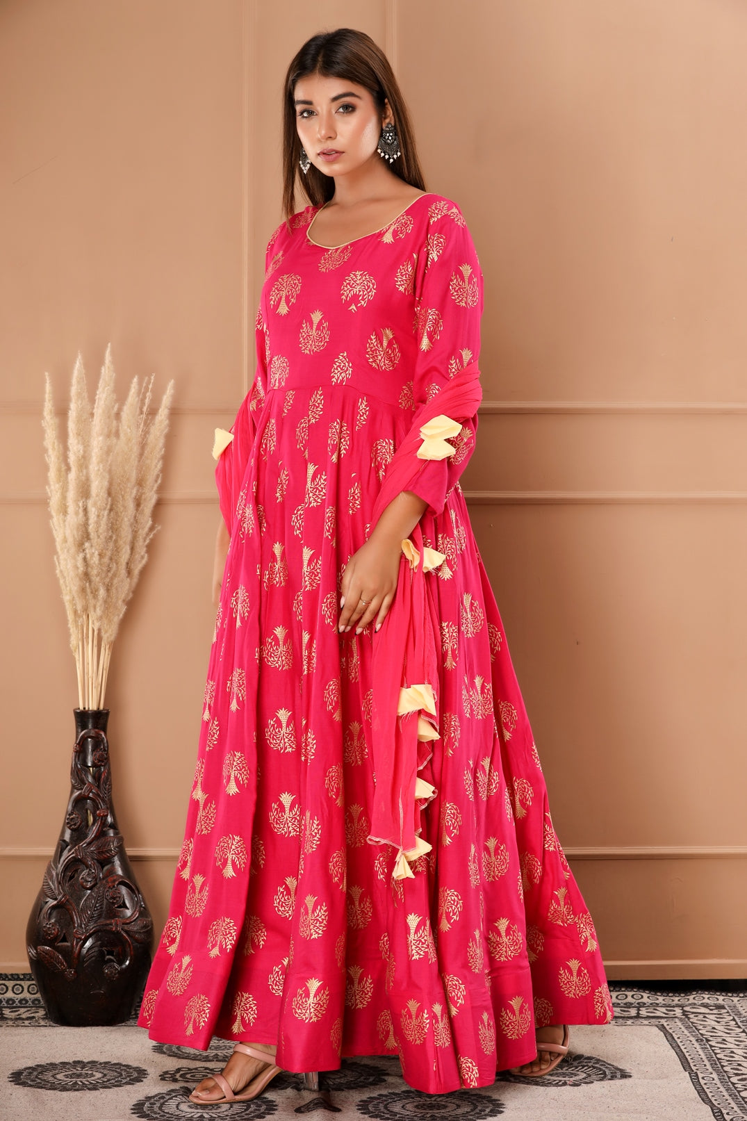 Pink Pure Rayon and Nazmeen Dupatta Gold Foil and Abstract Printed Anarkali Gown with Dupatta (352VDGD1004)