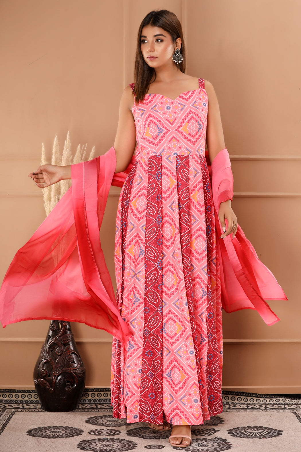Pink Womens Silk Cotton and Chiffon Dupatta Bandhani Print Anarkali Gown with Dupatta (353VDGD5001)