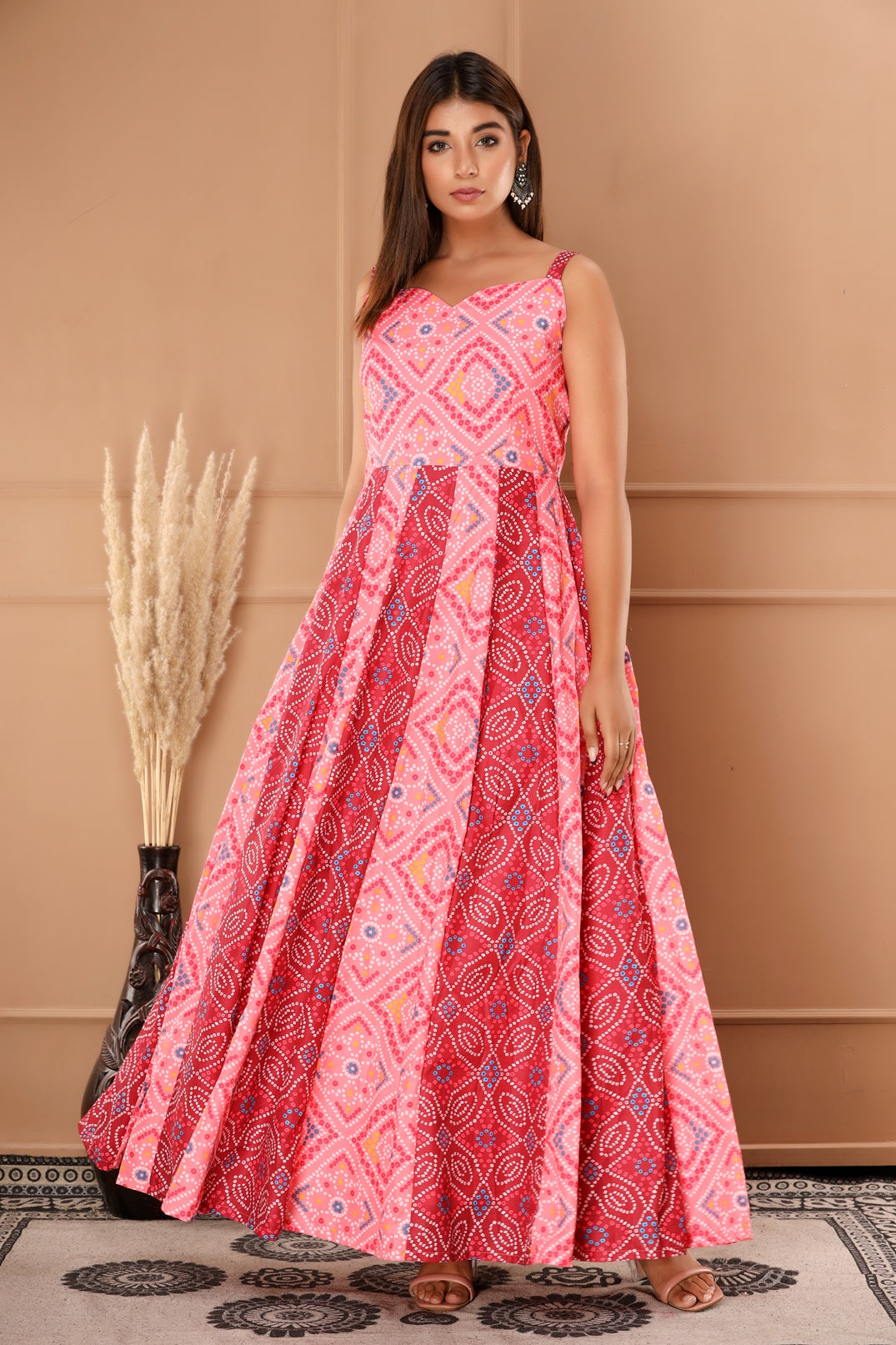 Pink Womens Silk Cotton and Chiffon Dupatta Bandhani Print Anarkali Gown with Dupatta (353VDGD5001)