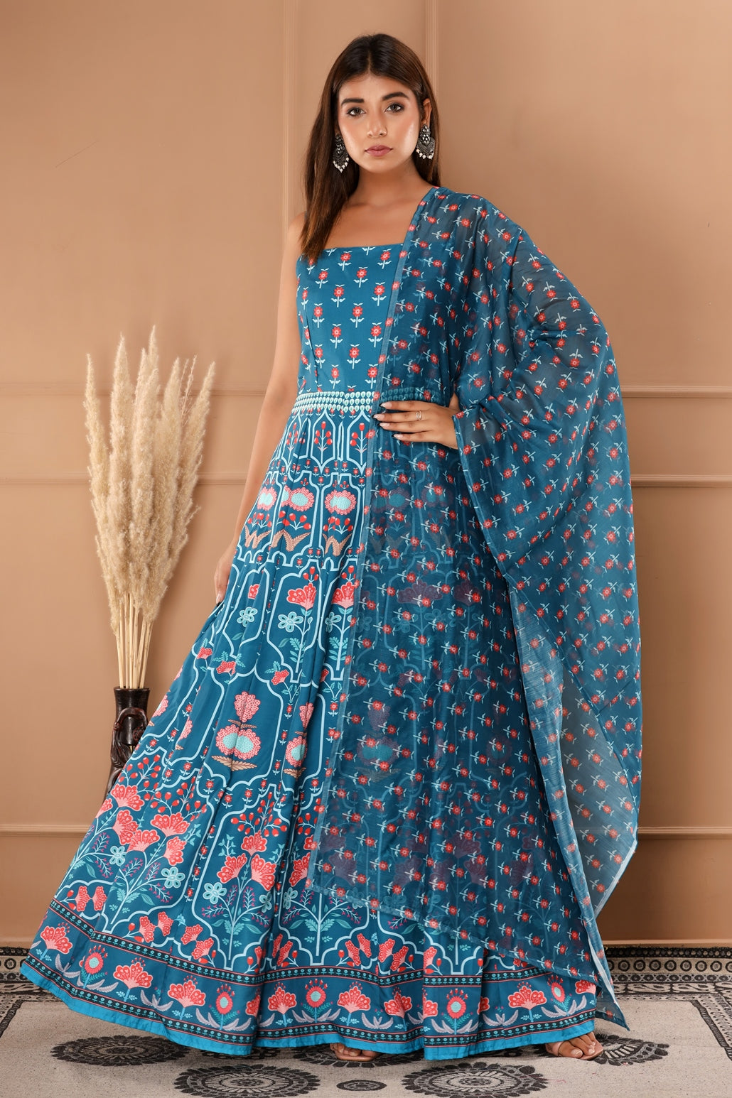 Rama- Silk Cotton and Chanderi Dupatta Floral Print Anarkali Gown with Dupatta (354VDGD5002)