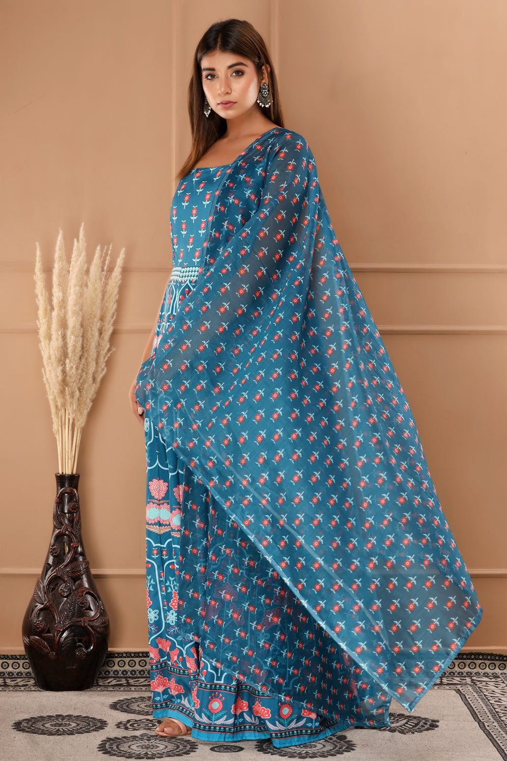 Rama- Silk Cotton and Chanderi Dupatta Floral Print Anarkali Gown with Dupatta (354VDGD5002)