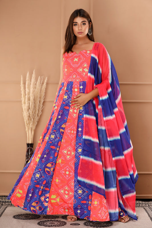 Blue and Red Womens Silk Cotton and Chiffon Dupatta Bandhani Print Anarkali Gown with Dupatta (356VDGD5004)