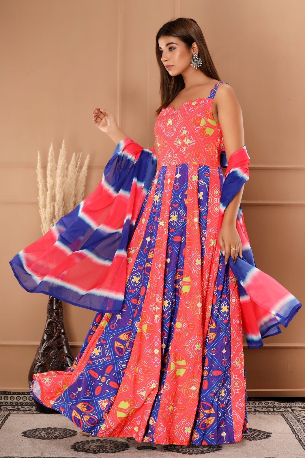 Blue and Red Womens Silk Cotton and Chiffon Dupatta Bandhani Print Anarkali Gown with Dupatta (356VDGD5004)