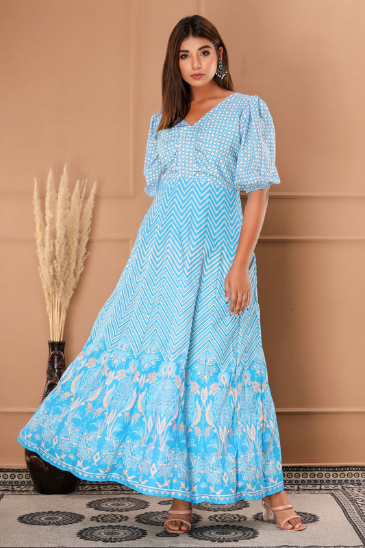 Sky Blue- Womens Muslin Geometric and Abstract Print Anarkali Gown (358VDG12002)