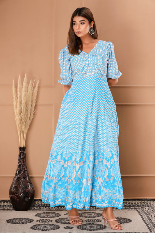 Sky Blue- Womens Muslin Geometric and Abstract Print Anarkali Gown (358VDG12002)