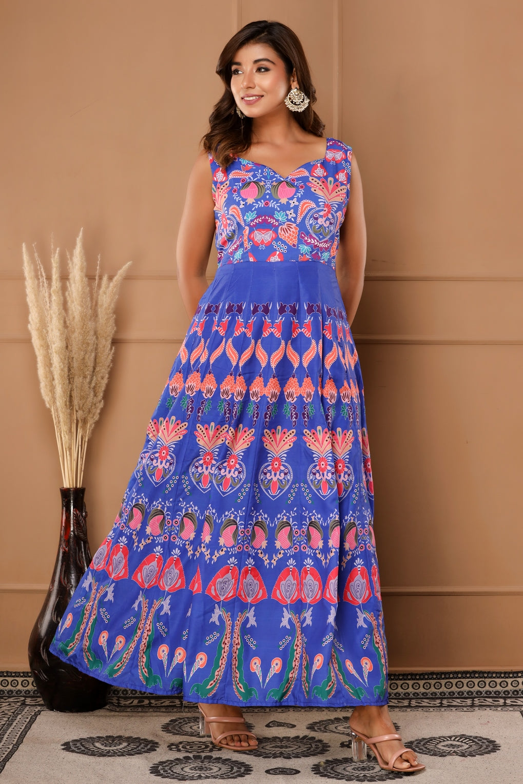 Blue- Womens Muslin Abstract Print Anarkali Gown (360VDG12004)