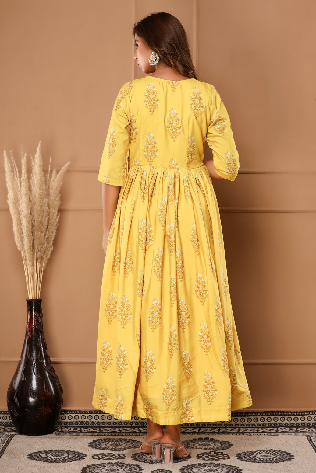 Lemon Yellow Womens Pure Muslin Floral Print Anarkali Gown (361VDG9001)
