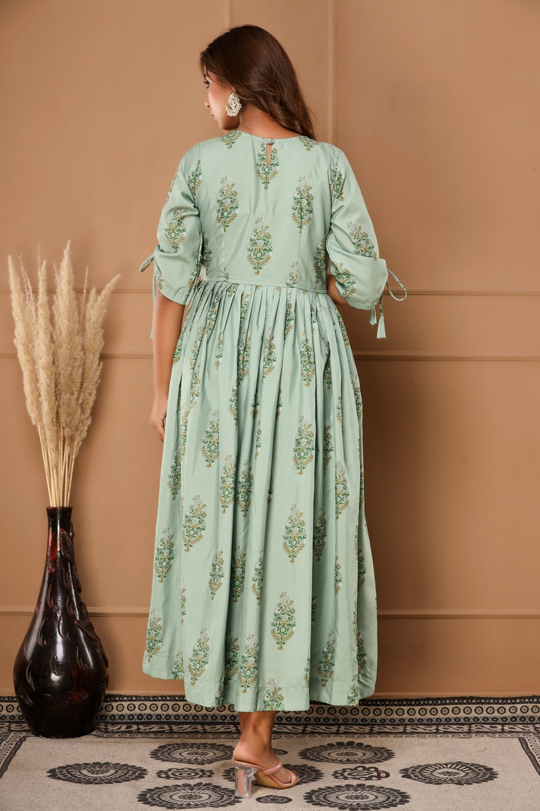 Moss Green Womens Pure Muslin Floral Print Anarkali Gown (362VDG9002)