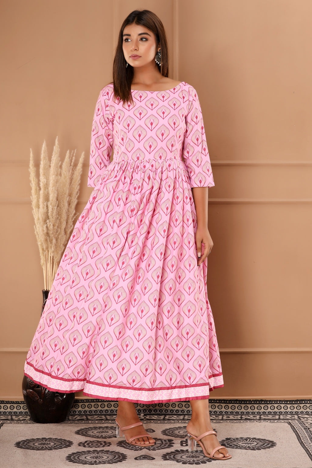 Light Pink Womens Pure Muslin Abstract Print Anarkali Gown (363VDG9003)