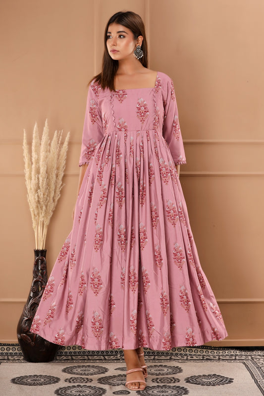 Dark Pink Womens Pure Muslin Floral Print Anarkali Gown (364VDG9004)
