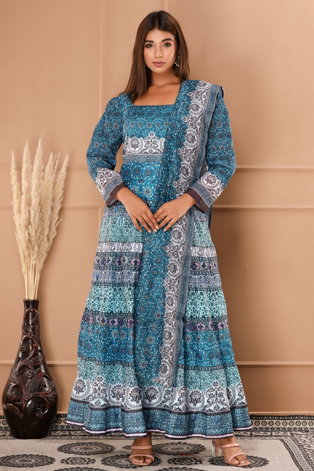 Sky Blue Womens Chanderi Floral Print Anarkali Gown with Dupatta (365VDGD3001)