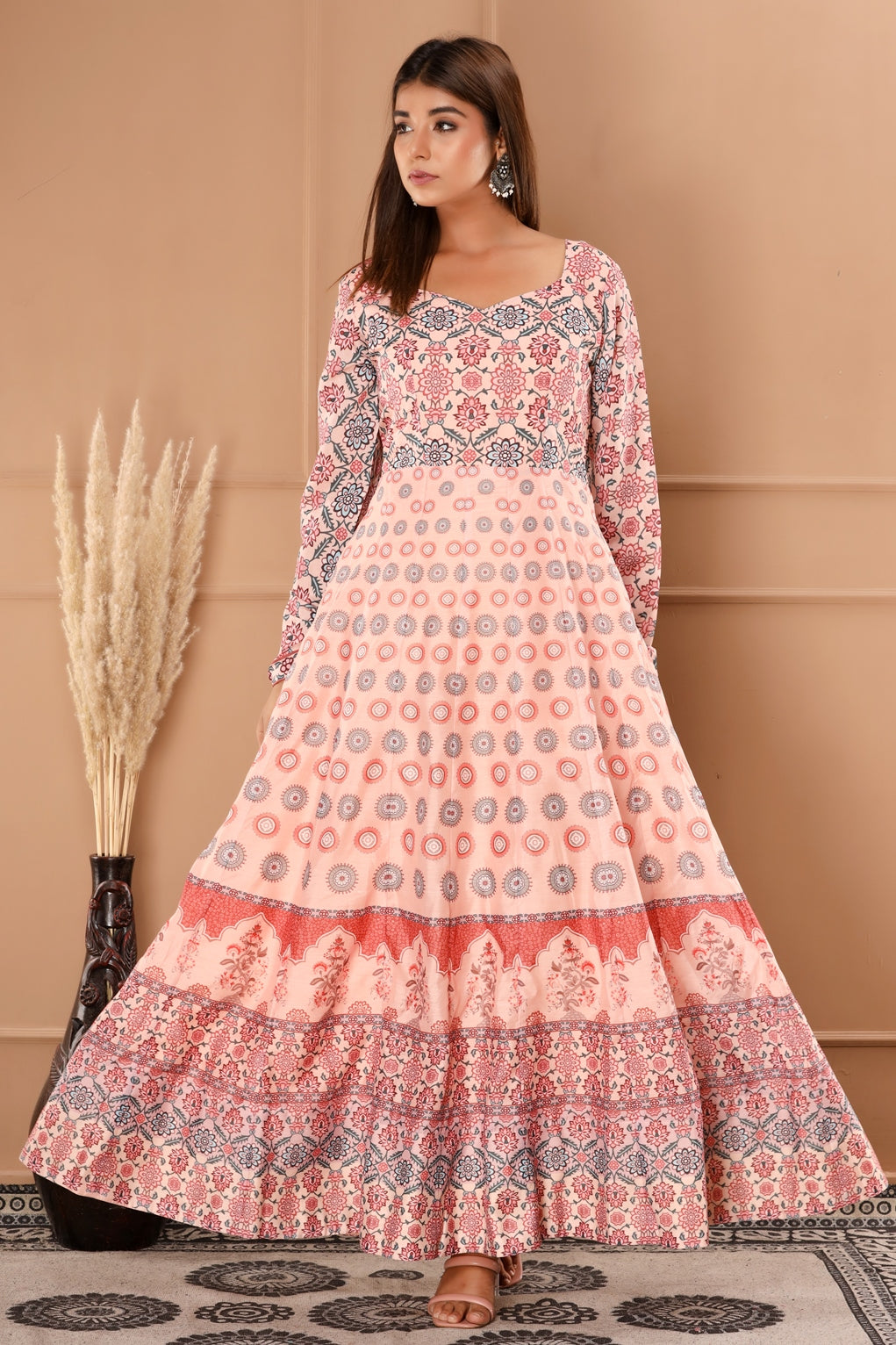Peach Womens Chanderi Floral and Geometric Print Anarkali Gown with Dupatta (366VDGD3002)