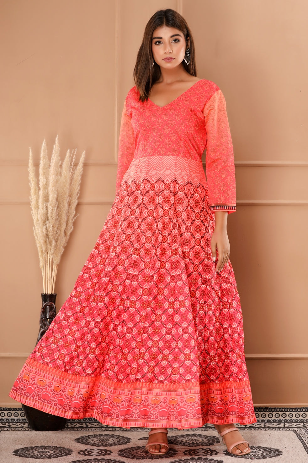 Red and Pink Womens Chanderi Geometric and Floral Print Anarkali Gown with Dupatta (367VDGD3003)