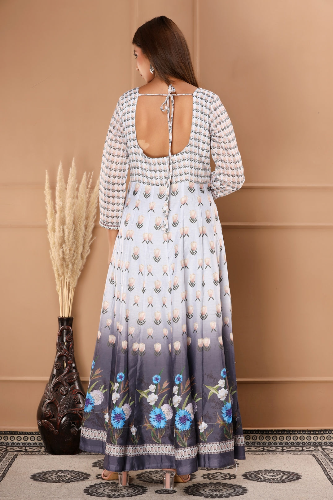 Grey Womens Chanderi Floral Print Anarkali Gown with Dupatta (368VDGD3004)