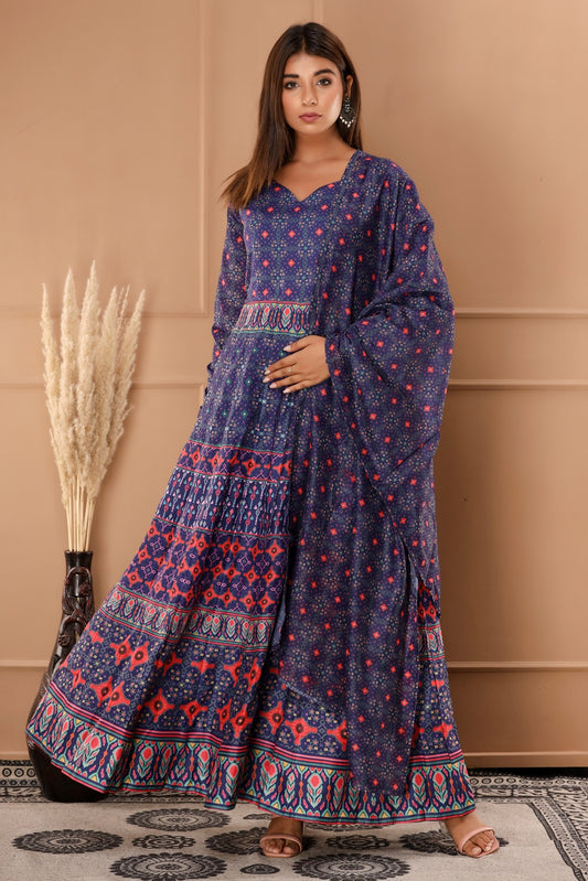 Blue Womens Chanderi Printed Anarkali Gown with Dupatta (369VDGD3005)