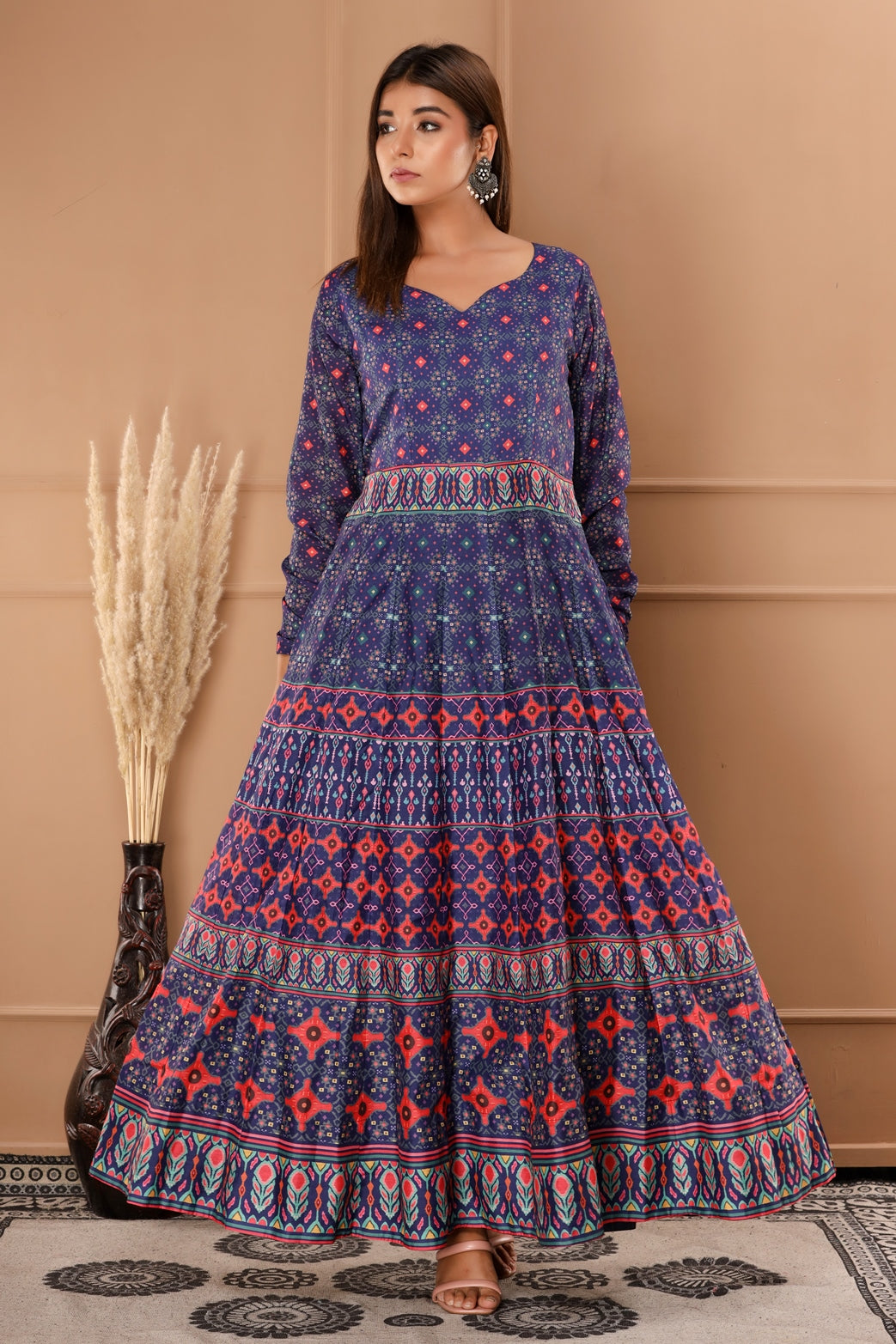Blue Womens Chanderi Printed Anarkali Gown with Dupatta (369VDGD3005)