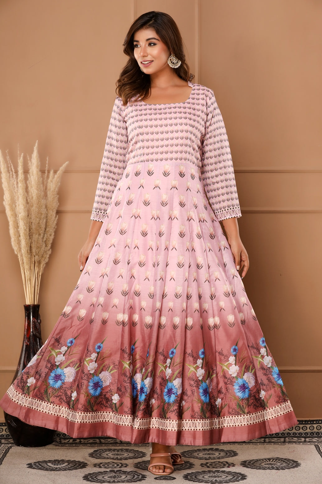Pastle Pink Womens Chanderi Floral Print Anarkali Gown with Dupatta (370VDGD3006)