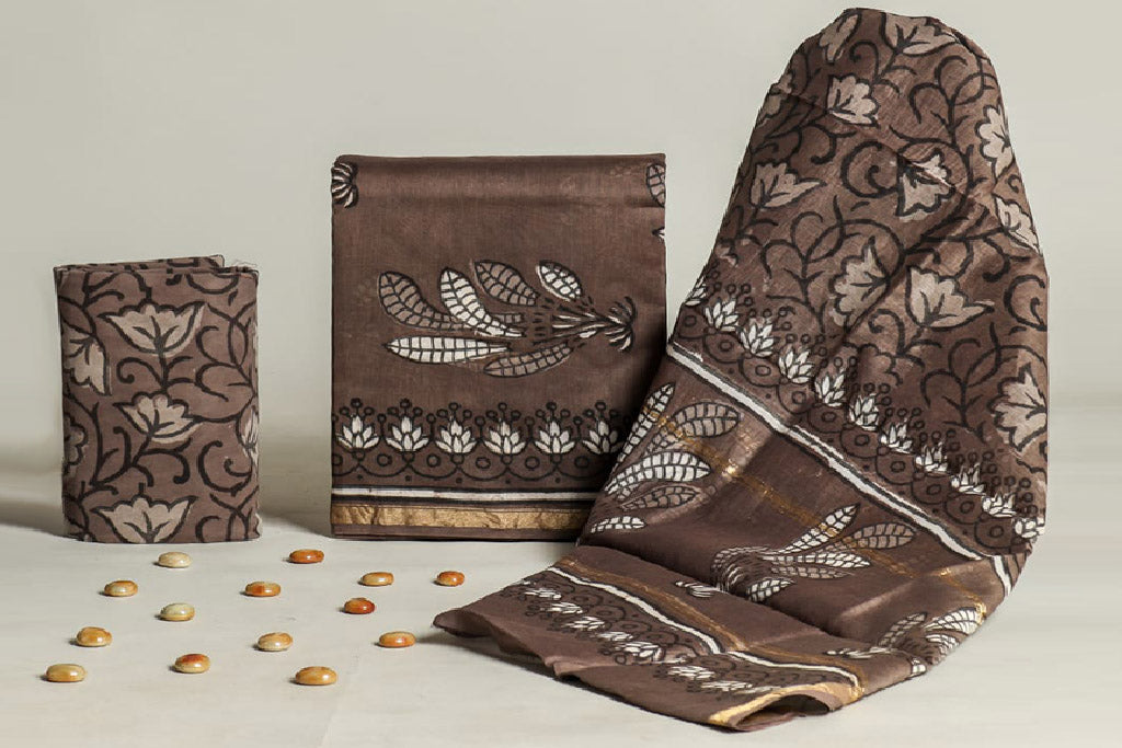 Ritzy Brown Handblock Printed Chanderi Silk Unstitched Suit Set (297MH3CHCH)