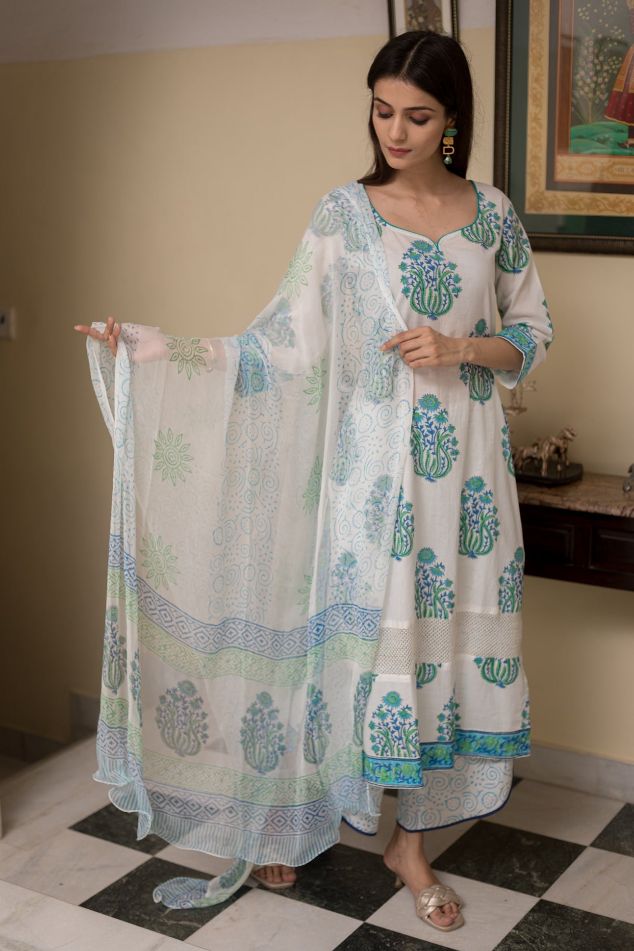 Moon White and Blue Handblock Printed Cotton Suit Set With Chiffon Dupatta (A103K3WHT)