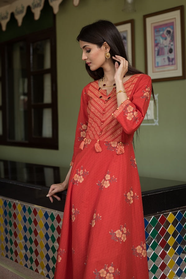 Cherry Red and Gardenia Cream Premium Cotton Anarkali Dress (A111K1RED)