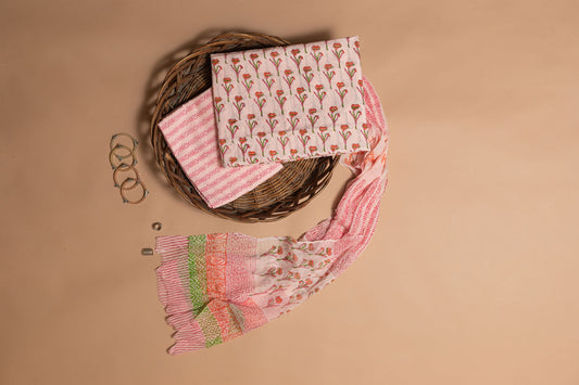 Carnation Pink Handblock Printed Unstitched Cotton Suit Set With Chiffon Dupatta (169MH3CTCF)