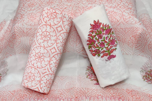 Wondorous White And Pink Handblock Printed Unstitched Cotton Suit Set With Chiffon Dupatta (300MH3CTCF)