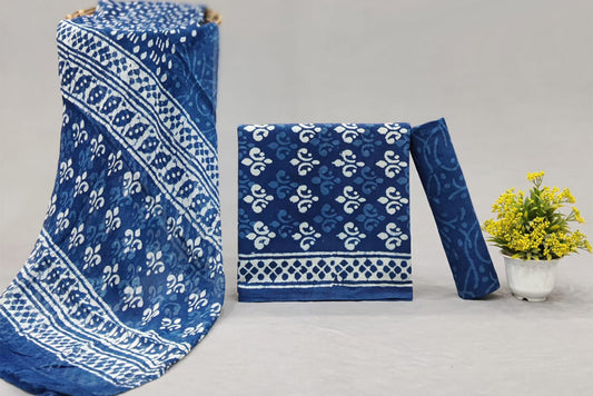 Iconic Indigo Blue Handblock Printed Unstitched Cotton Suit Set With Chiffon Dupatta (301NV3CTCF)
