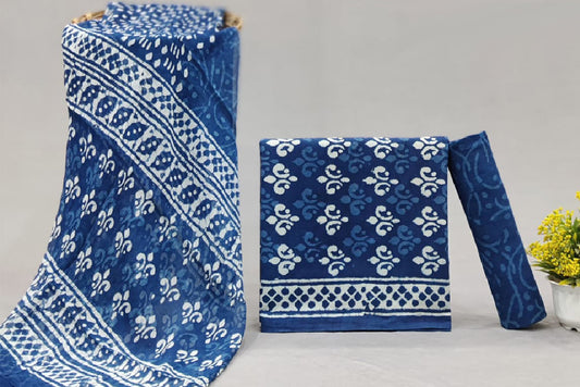 Iconic Indigo Blue Handblock Printed Unstitched Cotton Suit Set With Chiffon Dupatta (301NV3CTCF)