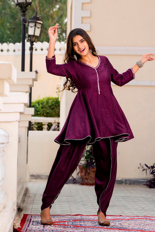 Purple Sequenced Flared Kurta with Tulip Pants ( A215K2PRL )