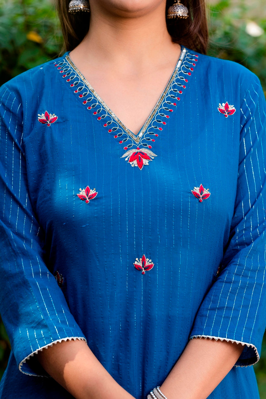 Blue Embroidered Kurta with Pant and Mulmul Dupatta (A219K3BLU)