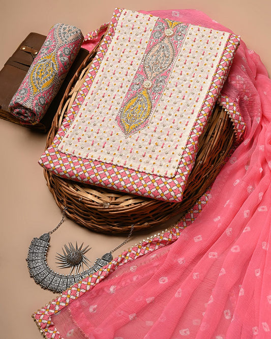 Pink Unstitched Cotton Suit Set With Chiffon Dupatta (TBSPCLNVCTCF3)