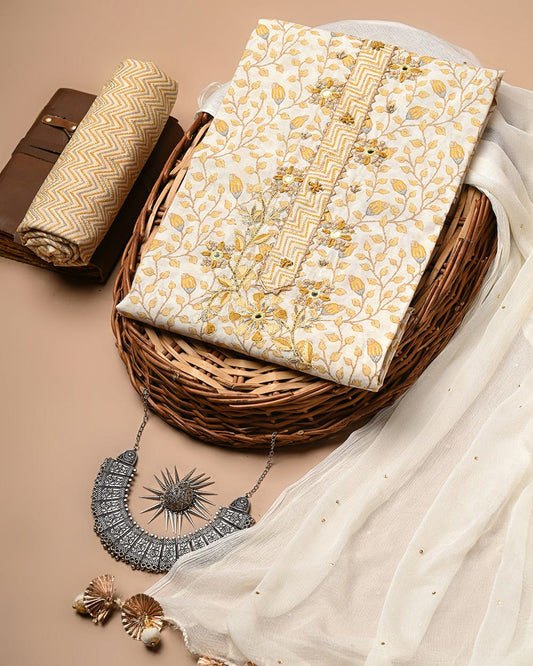 White And Yellow Unstitched Suit Set With Chiffon Dupatta (RBSPCLNVCTCF6)