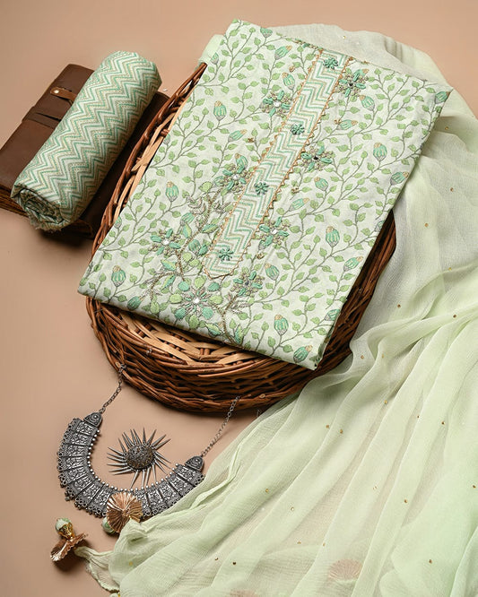 Ever Green Unstitched Suit Set With Chiffon Dupatta (RBSPCLNVCTCF8)